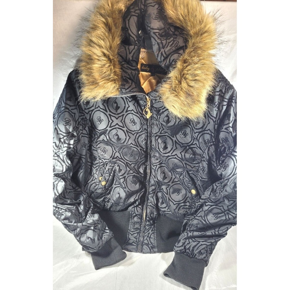 Baby Phat Women's Fur Hood Velvet Logo Print Bomber Jacket - Black - 2XL
